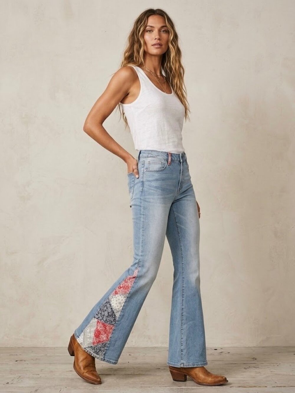 Driftwood Farrah Patchwork Bandana Flare Leg Jeans Size 30 Western Boho Cowgirl
